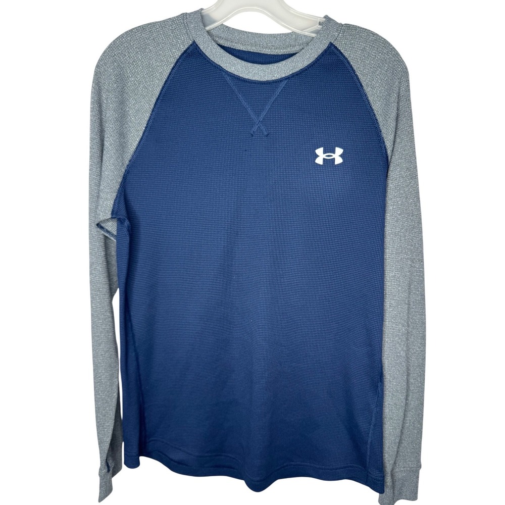Under Armour Mens Waffle Crew Long Sleeve Shirt Navy Gray 1302355 Small